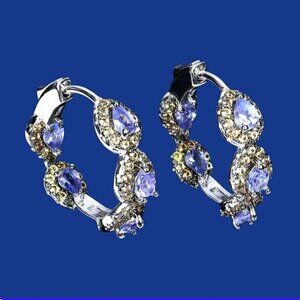 925 Sterling Silver Hoop Earrings with Natural Tanzanite & Sapphire Gems